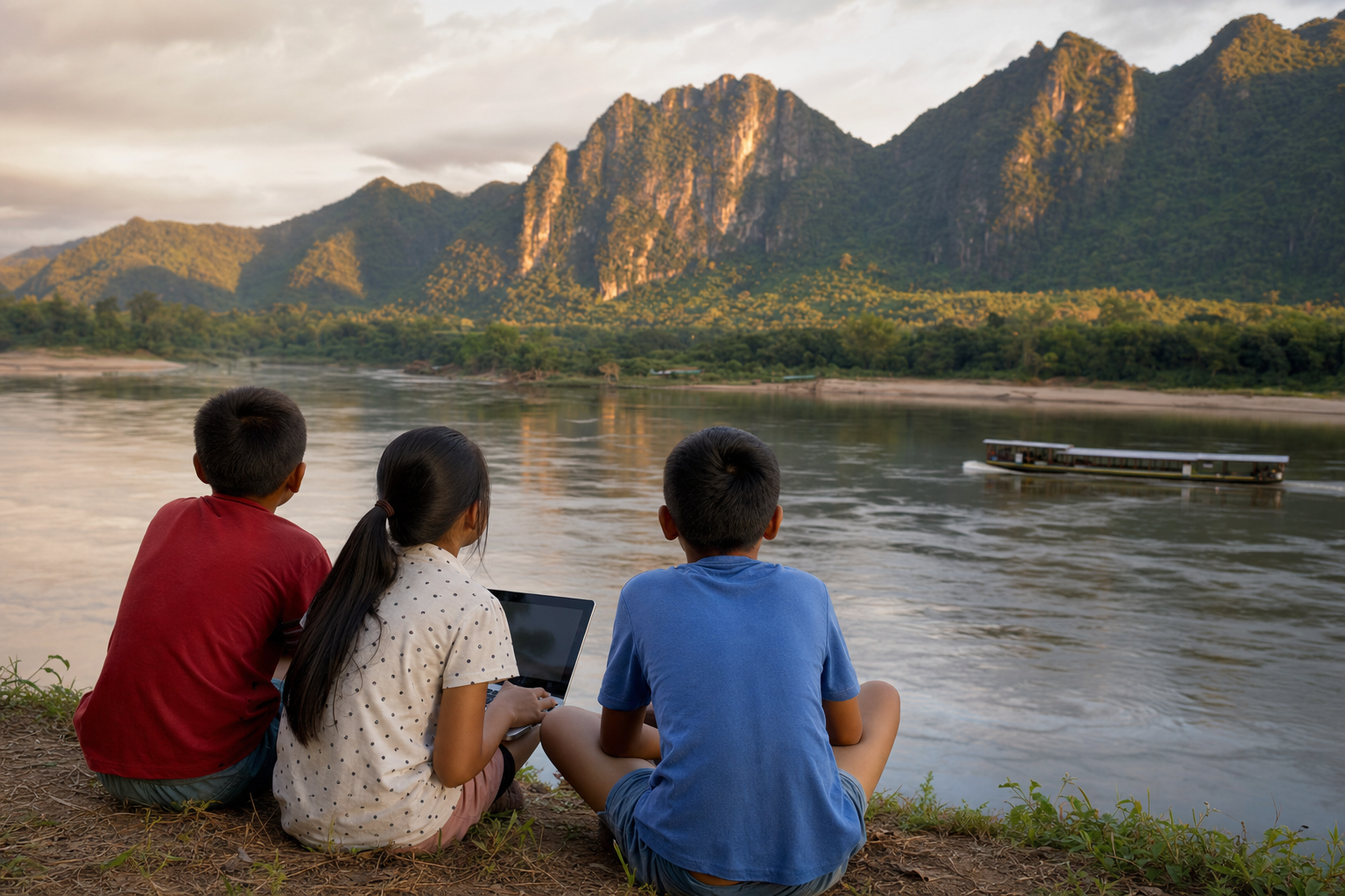Three children sit on the bank of the Mekong River with a laptop